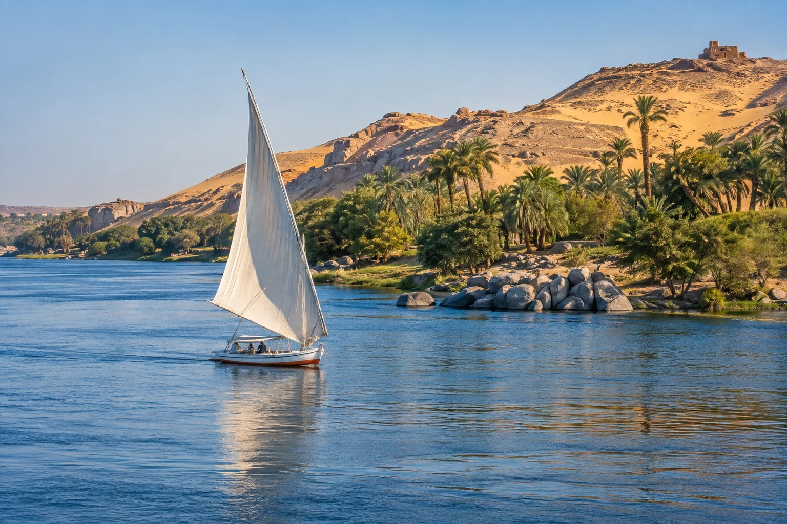 Original AI illustration of a peaceful afternoon sailing on the Nile
